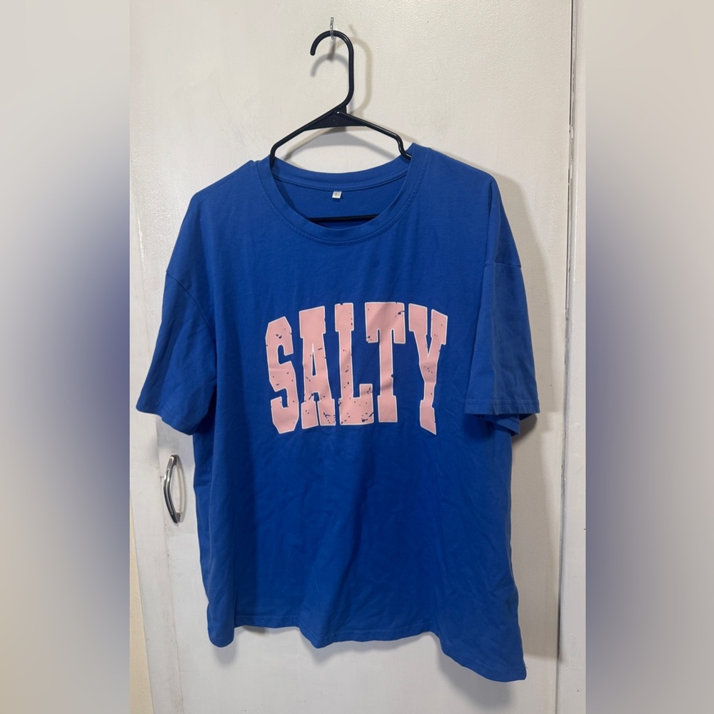 Blue 'SALTY' Graphic Tee with Pink Lettering